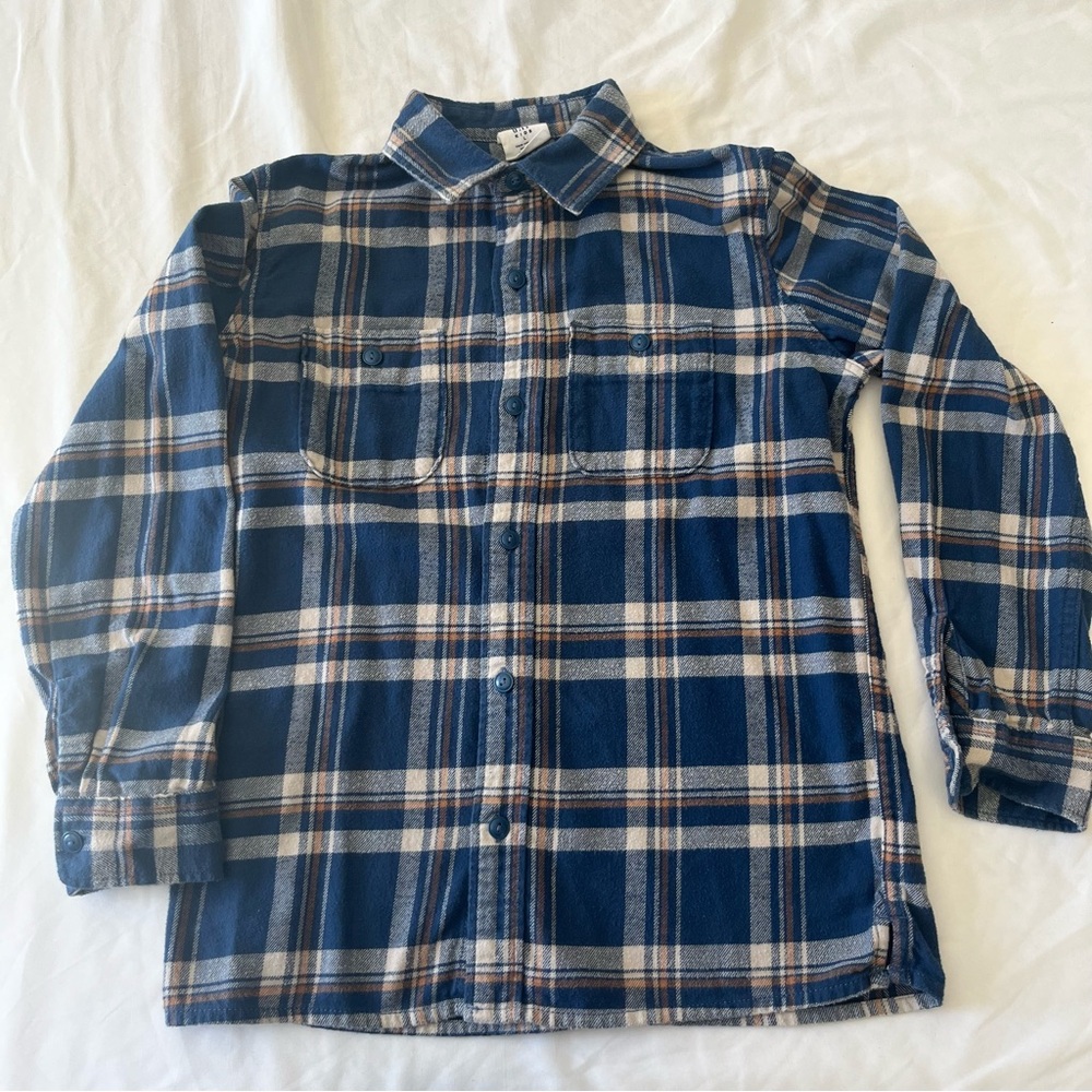 GAP Boys Blue and White Plaid Button-Down Flannel Shirt